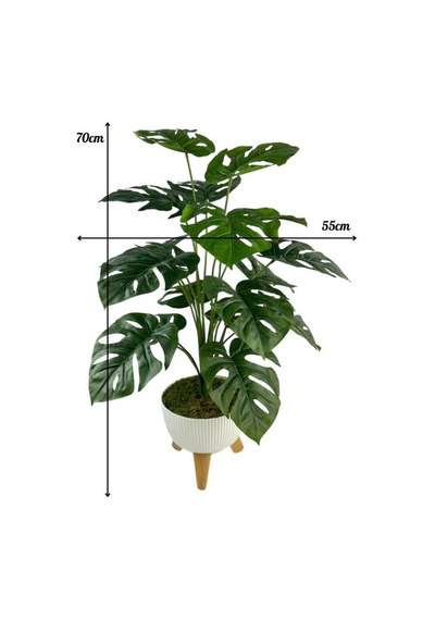 Yapay Çiçek Salon Bitkisi Monstera 70cm 18 Yaprak Beyaz Zigon Saksıda Yeşil