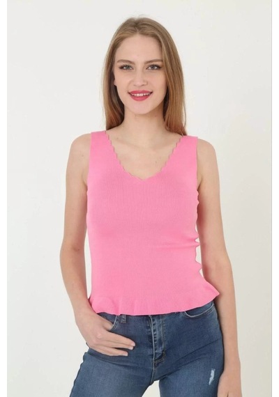 Tarzyeri Kadın V Yaka Fırfır Detay Crop - Pembe 001