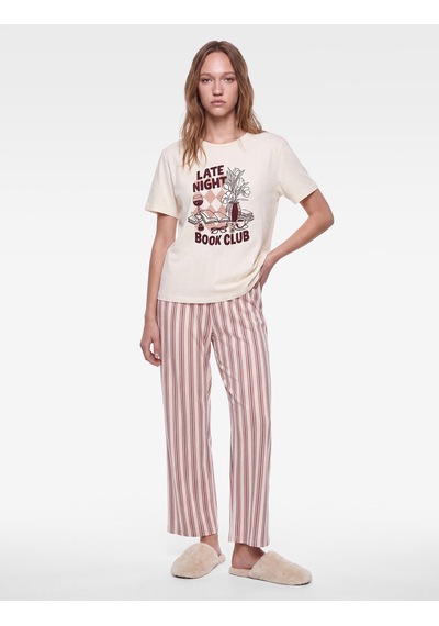 Koton Rahat Kesim Bisiklet Yaka Kısa Kollu Çizgili Pijama Takımı Ekru Desenli 7wlk40295mk