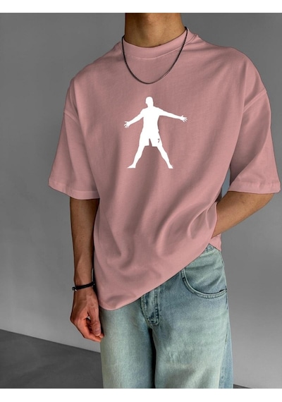 Futbolcu Baskılı Oversize Tişört Pembe