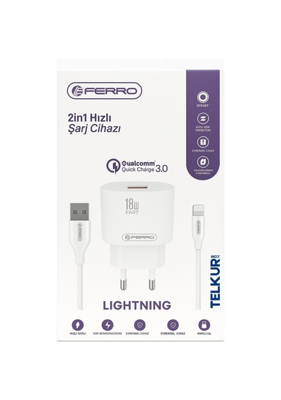Ferro W22 Qualcom Apple Uyumlu iPhone 18w 3.0 Lightning Hızlı Şarj Seti