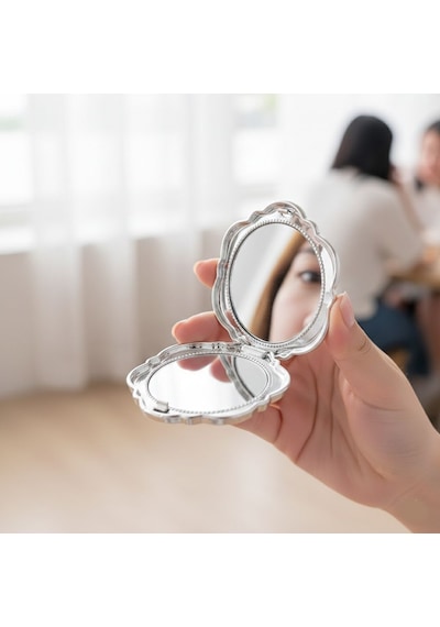 Gül Tasarımlı Çanta/cep Aynası - Katlanabilir, Mini Boy, Taşınabilir, Makyaj Aynası, 6cm Gri