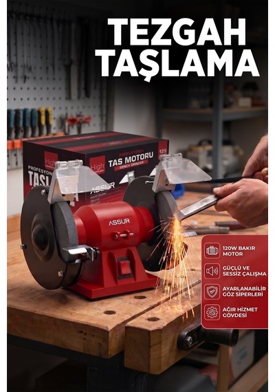 Assur 220W 125 MM Disk Çapı Zımpara Balta Bıçak Bileme Makinesi Taş Motoru Tezgah Üstü Taşlama - 3066
