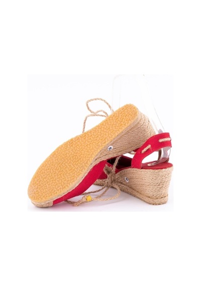 Star Tombis Gerçek Elişi Bilekten Bağcıklı Topuğu Açık Dolgu Topuk Kırmızı Keten Hasır Espadril Handmade Kırmızı