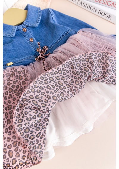 Babymod Denim Leopar Desenli Şık Özel Gün Kız Bebek Elbise Pembe