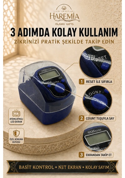 Özel Kutulu Ledli Zikirmatik Dijital Sayaç Mevlid Kandil Hediyesi Lacivert Siyah