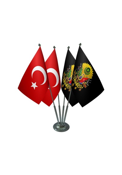 Masa Üstü Siyah Osmanlı Arması Bayrağı Türk Bayrağı Dörtlü Krom D