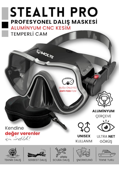 Molys Stealth Pro Alüminyum Dalış Maskesi + Antı Fog Buğu Önleyici Film + Eva Koruyucu Taşıma Kutusu Siyah - Gümüş Molys Stealth Pro Alüminyum Dalış Maskesi + Antı Fog Buğu Önleyici Film + Eva Koruyucu Taşıma Kutusu Siyah - Gümüş