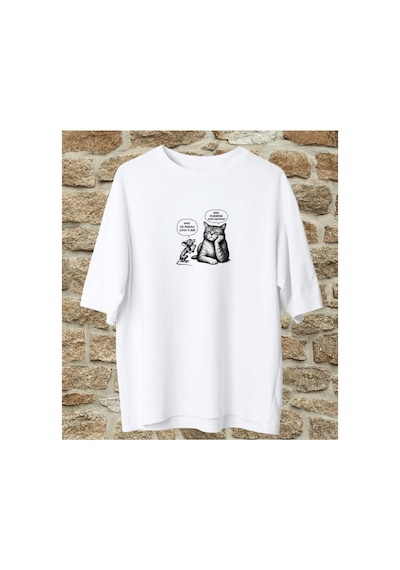 Qmen Style Unisex Beyaz Oversize Baskılı T-shirt Espirili Kedi Baskılı %100 Pamuk