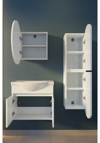 Makbulce Erciyes Havlu Dolaplı 65cm Seramik Lavabolu Mdf Oval Aynalı Banyo Dolabı Beyaz
