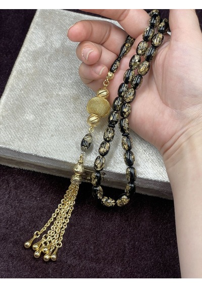 Gold Renkli Aksamlı Siyah Altın Varaklı Uçak Camı Tesbih 12x8 Mm