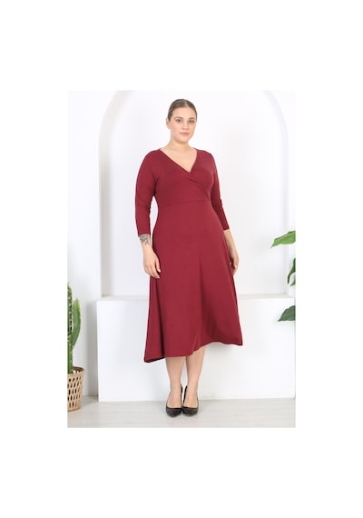 Mooi Xxl Kadın Bordo Uzun Kol Kruvaze Yaka Büyük Beden Maxi Elbise Bordo