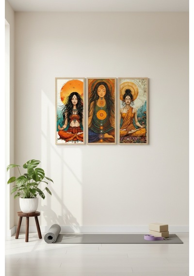 Yoga Tablosu 3 Lü Set 60x25 Cm Dikey Mdf Meditasyon & Yoga Temalı Duvar Tablosu