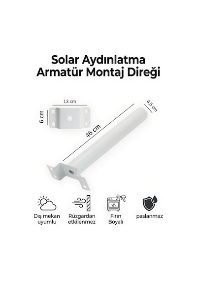 Solar Aydınlatma Armatür Montaj Direği 46 Cm Fırın Boyalı Paslanmaz Dış Mekan Bahçe Duvar Direği