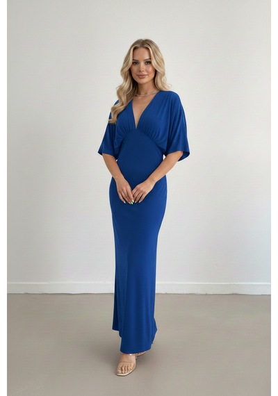 Defymoda Kadın Uzun Yırtmaçlı Modern Kesim Elbise Mavi