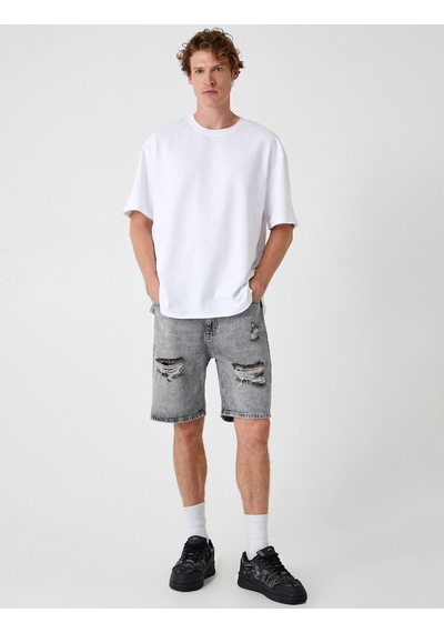 Koton Oversize Kot Şort Bermuda Cepli Yıpratma Detaylı Gri 4sam40045ıd Gri