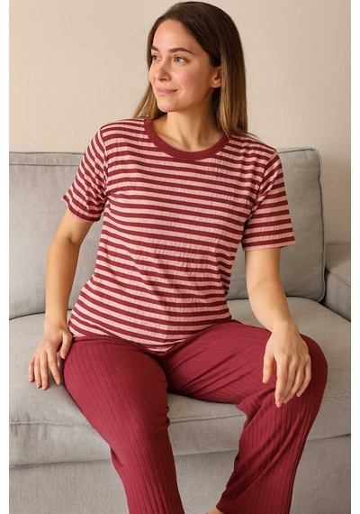 Tenra Kadın Pijama Takımı Kısa Kollu %100 Pamuk Bordo