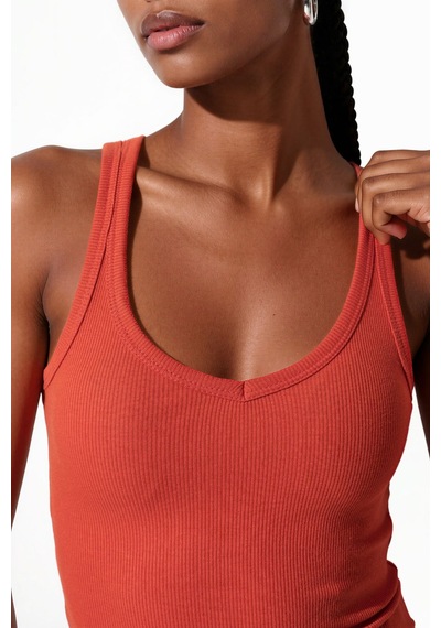 Hiccup Busem V Yaka Ribanalı Tank Top Parlak Turuncu