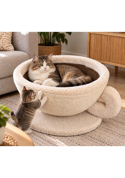 Pureza Kahve Fincanı Tasarımlı Kedi Yatağı & Sisal Tırmalama Yüzeyli Dekoratif Peluş Kedi Evi