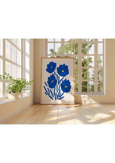 Mavi Çiçekli Poster, Modern Minimalist Duvar Sanatı Baskısı, Cesur Soyut Çiçek Tablosu, Çağdaş Ev Dekorasyonu, Oturma Odası İçin Sanat Eseri