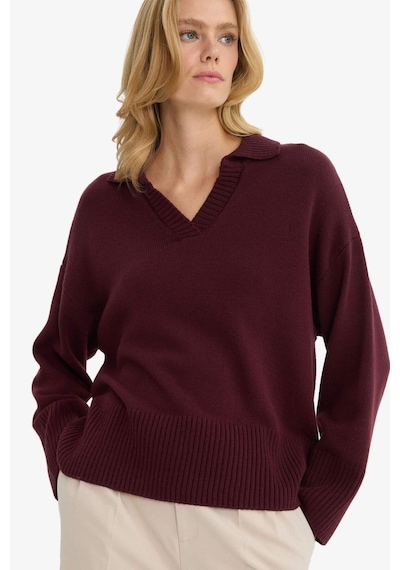 Defacto Oversize Geniş Kalıp Polo Yaka Triko Kazak F9126ax25wnbr467 Bordo