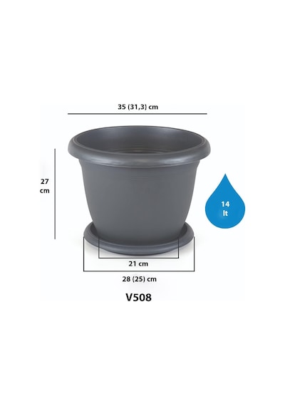 Villa Saksı Tabaklı No: 8 14 Litre, 36 Cm, Antrasit