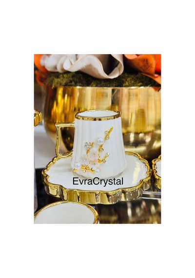 6 Kişilik Gold İnci Taşlı Yeni Seri Kahve Fincan Takımı Beyaz