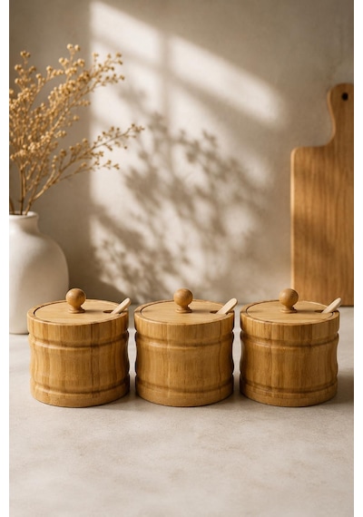 Bambu Baharatlık Seti 3'lü Kaşıklı Kapaklı Tuzluk Çay Şekerlik Kahve Ve Baharat Saklama Kabı 9x9 Cm