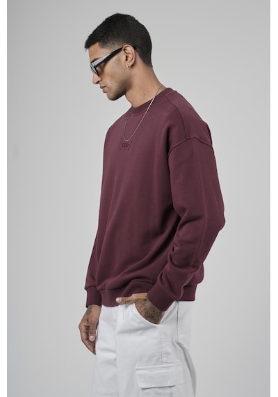 Bisiklet Yaka Logolu Oversize Kalıp Erkek Sweatshirt Bordo