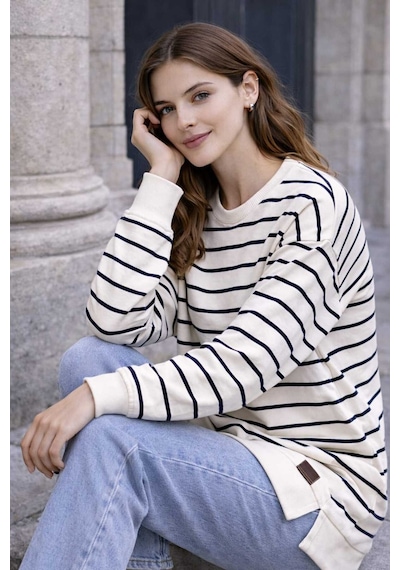 Tenra Oversize Geniş Kalıp Kadın Sweatshirt Bisiklet Yaka Basic Çizgili Lacivert