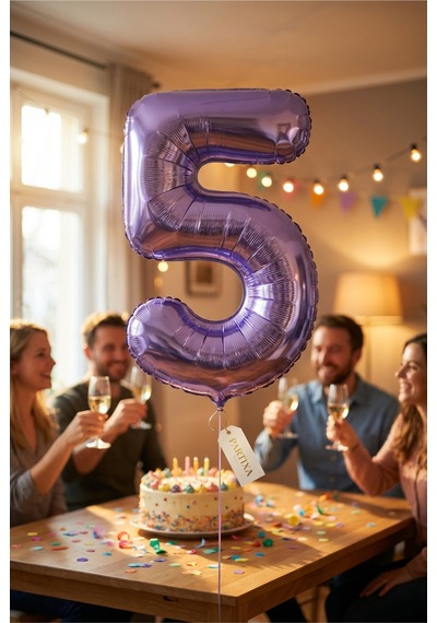 32 İnç Mor Rakam 5 Folyo Balon Çok Renkli