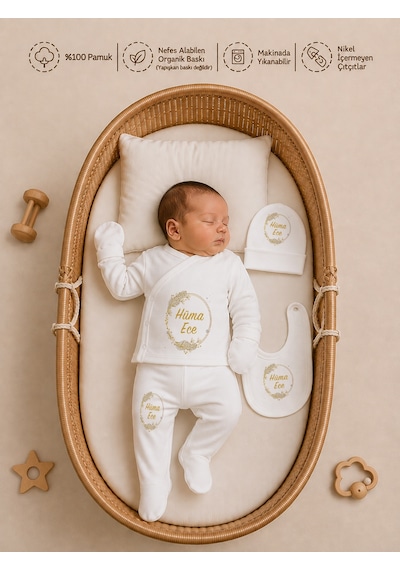 Pia Baby Kız Bebek 4 Parça Tulum Seti %100 Pamuk İsim Baskılı Kişiye Özel Hastane Çıkışı Battaniyeli 1066btyx Ekru