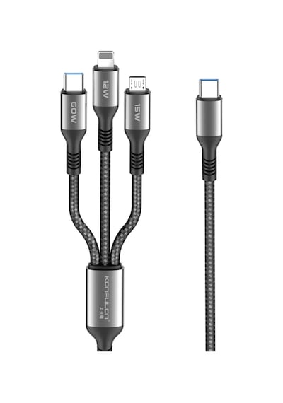 Konfulon Dc62 3in1 Type-c To 60w Type-c / 12w Lightning / 15w Micro 1.2m Hızlı Şarj Kablo - Siyah