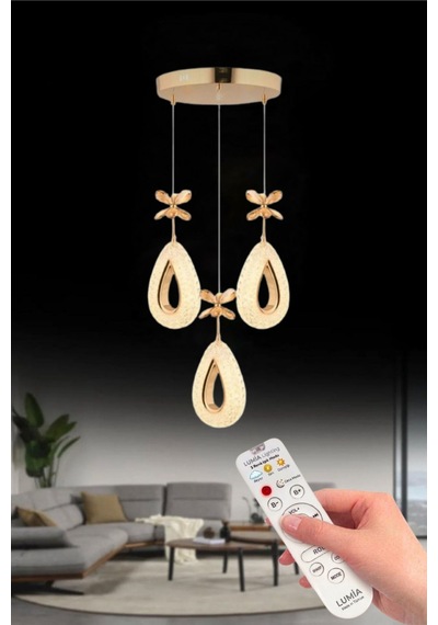 LumiaLighting Damla Model 3'lü Gold Kumandalı 3 Renk Modu Ledli Kristal Taşlı Modern Salon Mutfak Oturma Odası Led Avize Altın