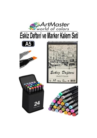 A5 Eskiz Defteri 50 Yaprak 100 Gr 1 Adet 24 Renk Marker Kalem Çift Taraflı Touch Çift Uçlu Eskiz Defteri Boya Seti