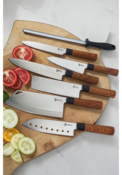 Surlaz 7 Parça Şef Bıçağı Seti, Paslanmaz Çelik, Abs Plastik Saplı Santoku, Cleaver Ve Bileme Dahil, Çeyizlik M