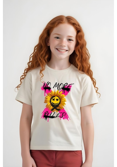 Panios Kids X Rules Baskılı Kız Çocuk Kısa Kollu T-shirt Krem