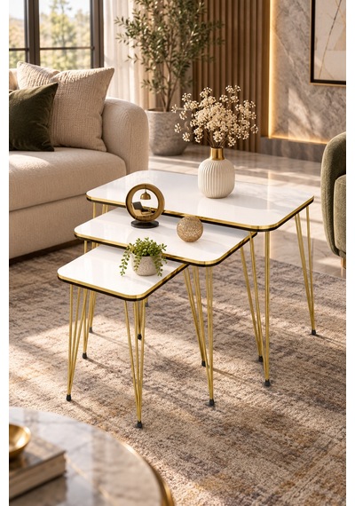 Odera Çift Beyaz Orta Sehpa Ve Zigon Sehpa 4'lü Set Metal Tel Ayaklı Modern Retro Salon Sehpası Diğer