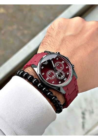 Premium Tasarım Silikon Kordon Exclusive Serisi Metal Kasa Erkek Kol Saati-bileklik Hediyeli Kırmızı