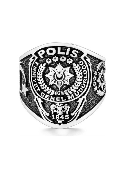 Gümüş Polis Armalı Türk Desenli Erkek Yüzük Gümüş