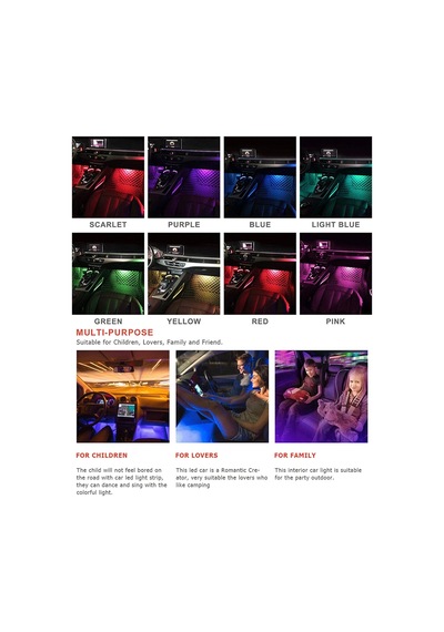 Araba Led Şerit Işığı, 4adet 36 Led Dc 12v Çok Renkli Müzik Araba İç Aydınlatması Ses Aktif Fonksiyonlu Ve Ka