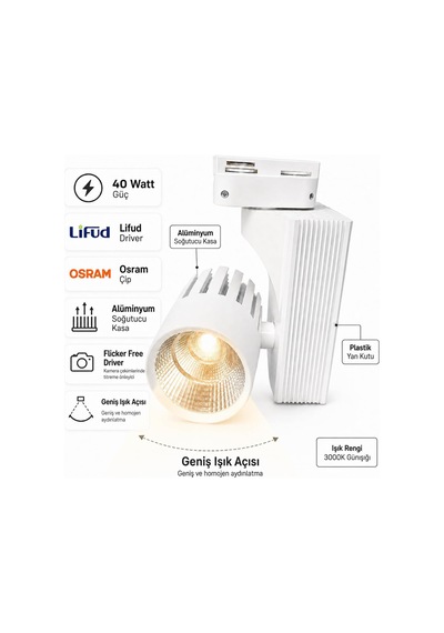 40w Beyaz Kasa Led Ray Spot 3000k Beyaz Işık Lifud Driver, Flicker Free, Alüminyum Gövde Genel