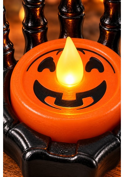 Halloween Cadılar Bayramı Led Işıklı İskelet El Mumluk Siyah Turuncu Balkabağı Dekoru 6x6 Cm Renkli