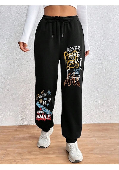 Cartoon & Graphic Drawstring Waist 4 Mevsim Eşofman Siyah