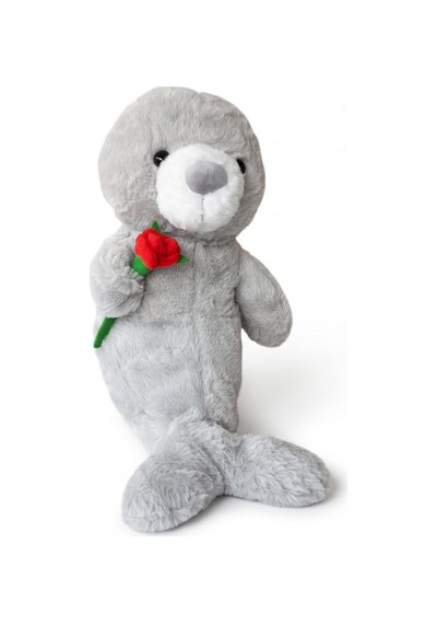 Pl50252 40 Cm Fok Gül Tutan Peluş Fok Oyuncak Gri