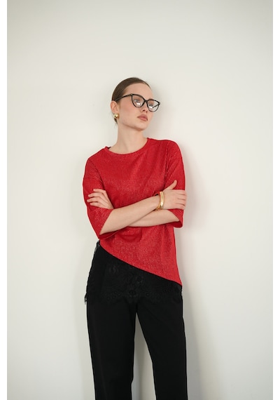 Verymoda D 2985 Dantel Detaylı Çizgili T Shırt D2985 Kirmizi