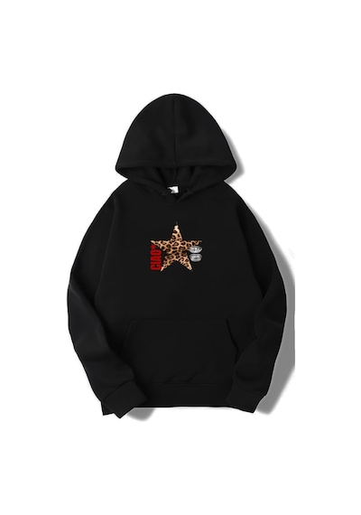 Brz Collection Oversize Ciao Leopar Yıldız Desenli Hoodie Siyah Siyah