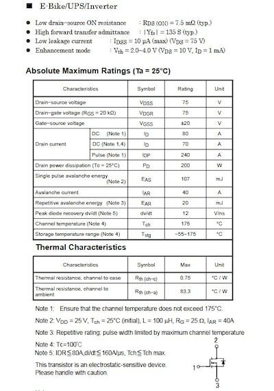 Tk80e08k3 N-channel Mosfet 75v, 80a, 7.5mohm