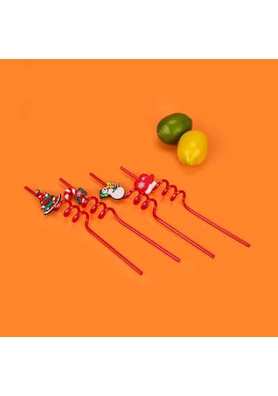 Yılbaşı Figürlü 4'lü Pipet - Renkli Çok Renkli