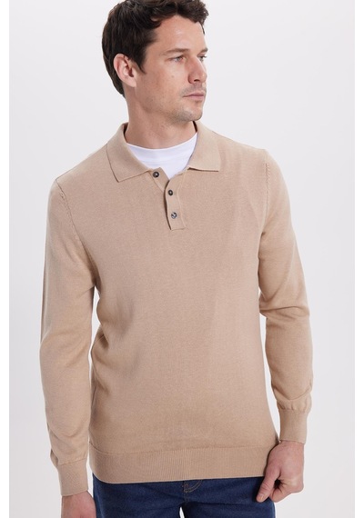 Tudors Erkek Standart Fit Normal Kesim Pamuklu Polo Yaka Taş Kazak-41885 Taş - Ekru